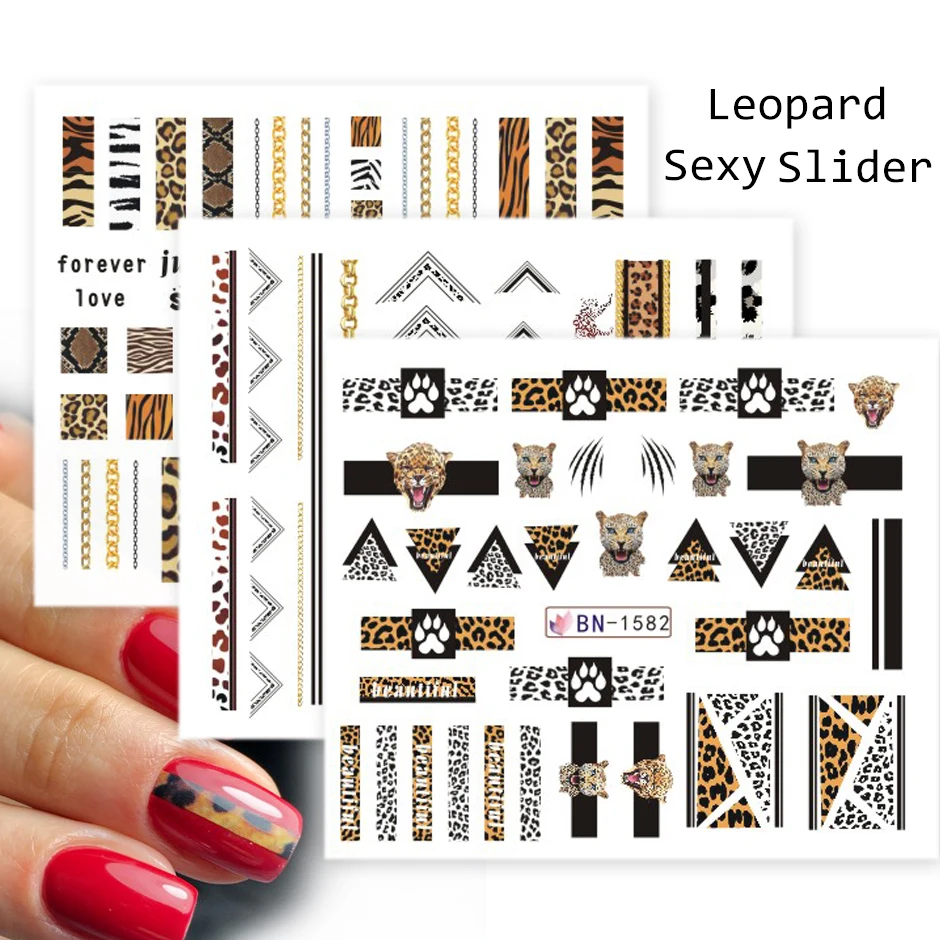 12pcs Leopard Sexy Animals Stickers for Nails Letter Designs Water Tattoo Foil Nail Art Decals Gel Polish Slider GLBN1573-1584-1