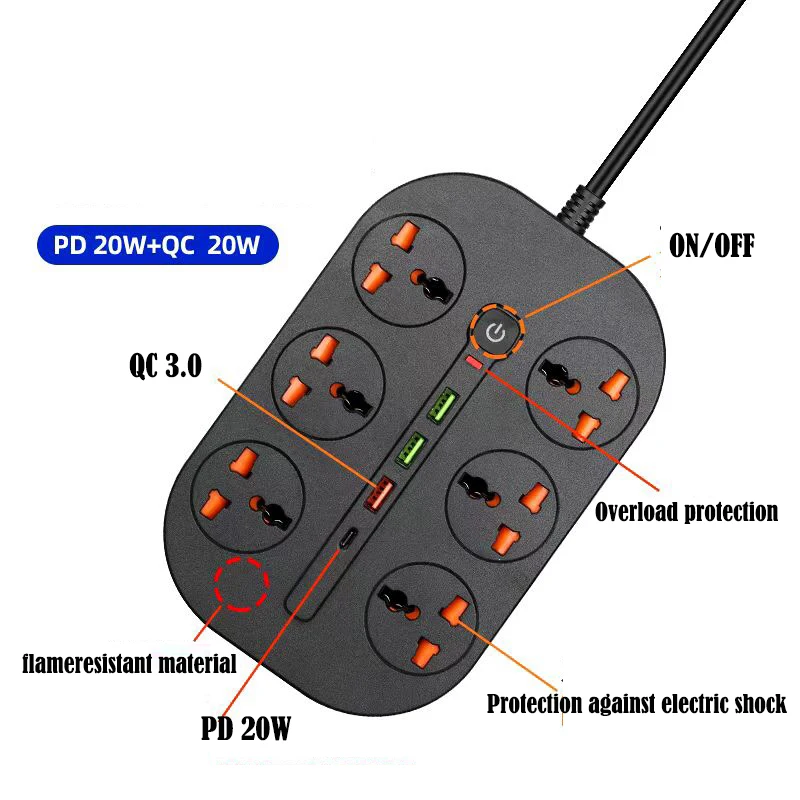 PD 20W QC 3.0 6 AC ܼƮ USB   Ʈִ  Ʈ Ƽ ÷   ̱  EU AU  