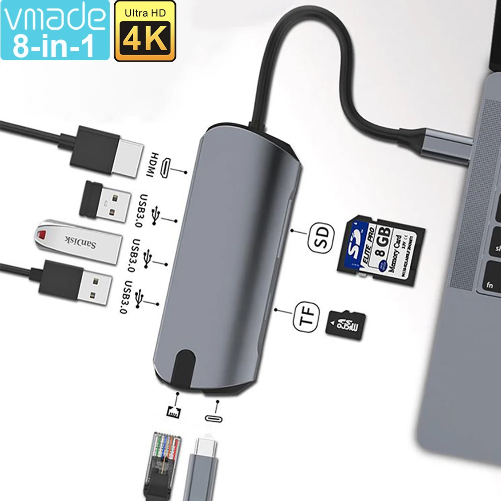 

Type-C USB 3.1 Hub To 4K HD Adapter Thunderbolt 3 USB C Hub with Hub 3.0 TF SD Reader Network Slot PD for MacBook Pro/Air 2020