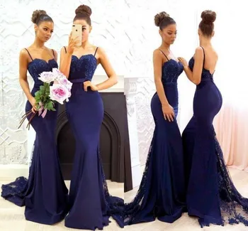 

2020 New Navy Blue Mermaid Formal Evening Dresses Lace Applique Spaghetti Straps Long Prom Party Gowns vestidos de noiva