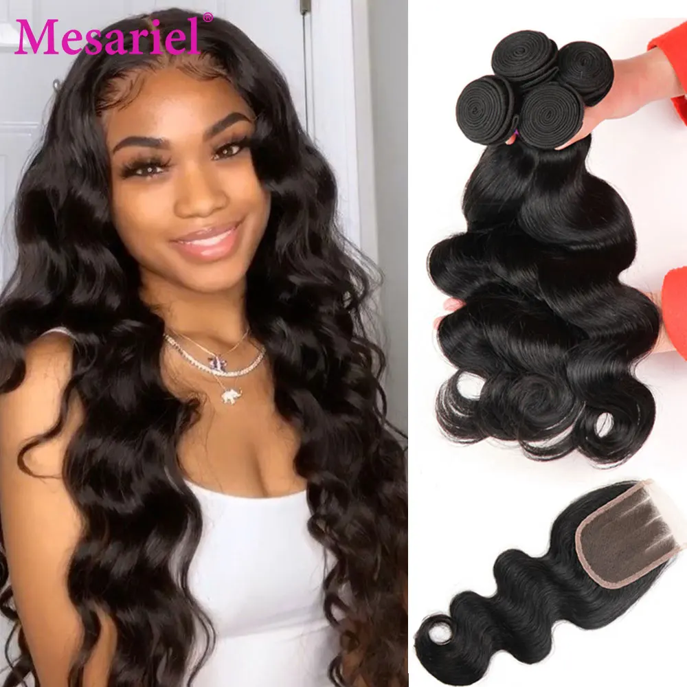 Mesariel-Cabello peruano ondulado no Remy, 3/4 mechones con cierre, extensiones de cabello humano, mechones con cierre, Color Natural M