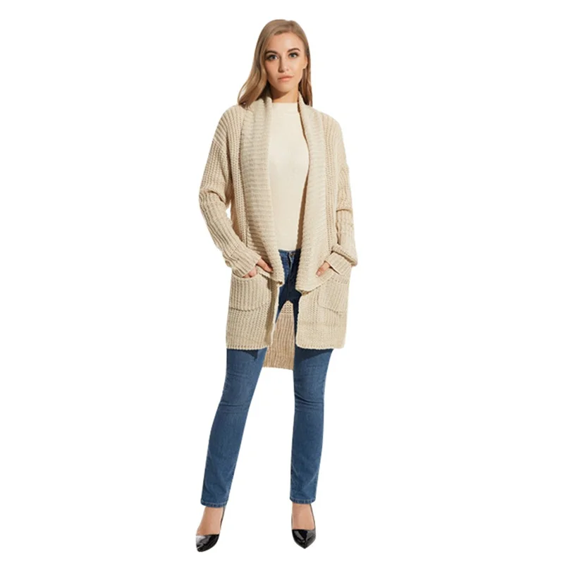 Beige Женские осенние зимние кардиганы, повседневный однотонный кардиган с отложным воротником и карманами, Женский однотонный вязаный свитер с длинным рукавом - Цвет: Beige