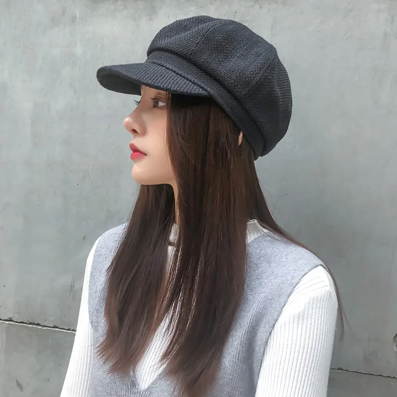 

New Style Octagonal Hat Female Beret Autumn Thin Knitted Hat England Vintage Korean-style Versatile College Style Brim Hat