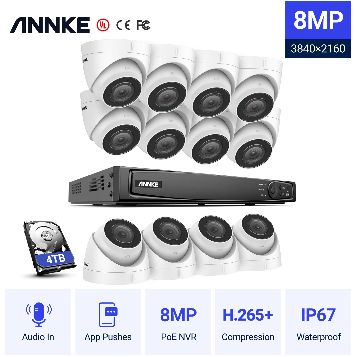 

ANNKE 16CH 4K Ultra HD POE Network Video Security System 8MP H.265+ NVR With 12pcs 8MP Weatherproof IP Camera CCTV Security Kit