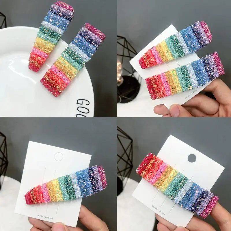 Женские, для девушек, Boho, радужные полоски, BB, заколка для волос, блестки, блестки, геометрические кнопки, заколки, праздничные, вечерние, с боковой челкой, стильные, для волос