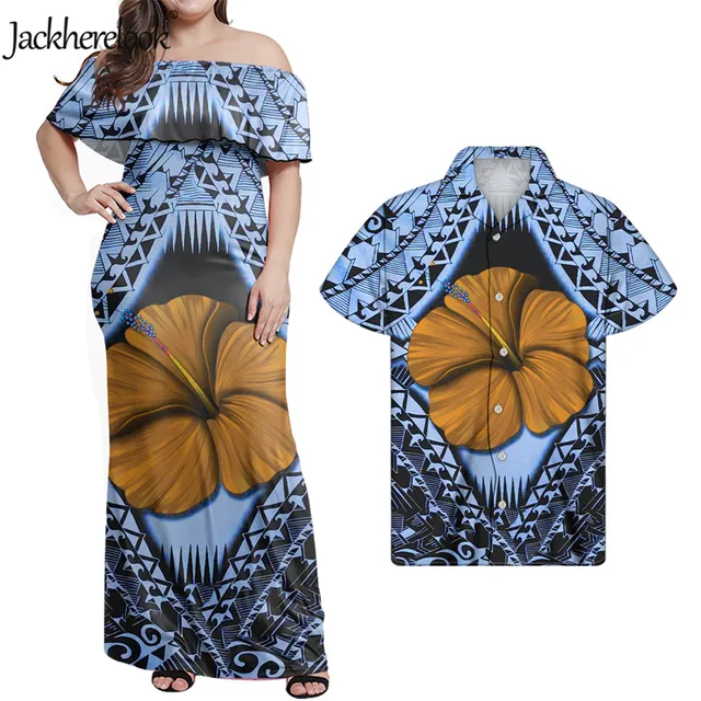 Jackherelook Womens Vintage Maxi Dresses Samoan Hibiscus Polynesian Tribal Brand Design Summer Unisex Clothes Off Shoulder Dress green
