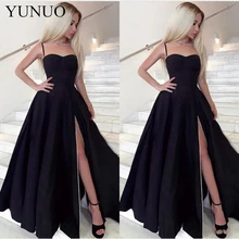YuNuo и сексуальными тоненькими лямками атласное черное платье для выпускного вечера, лиф сердечком трапециевидной формы Вечеринка платье с боковыми Разделение N60