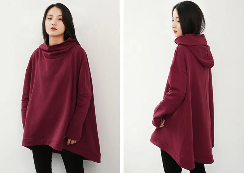 MEVGOHOT Autumn Thick Woman Solid All-match Oversize Hoodies Plus Size Winter Terry Hat Irregular Loose Sweatshirt HD1087