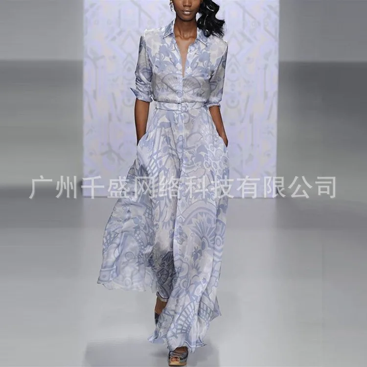 

Office Lady Print Boho Maxi Woman Dress Fashion Long Sleeve Vintage Beach Dresses A-Line Party Vestido