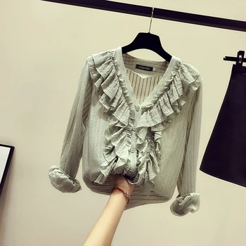 

V Neck Long Sleeve Chiffon Blouses 2019 New Spring Autumn Ruffles Loose Basic Top All-match Solid Color Women Chiffon Shirts