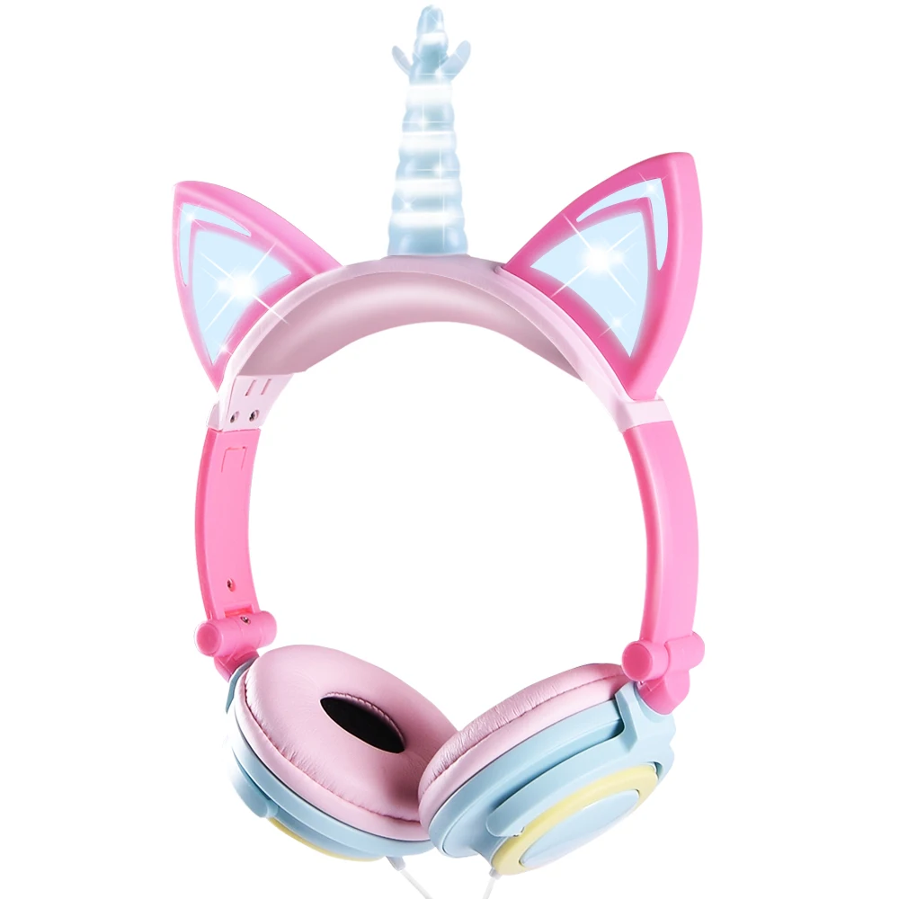 Cute Kids Headphones LED Light Unicorn Wired Headphones Girl Gamer PC