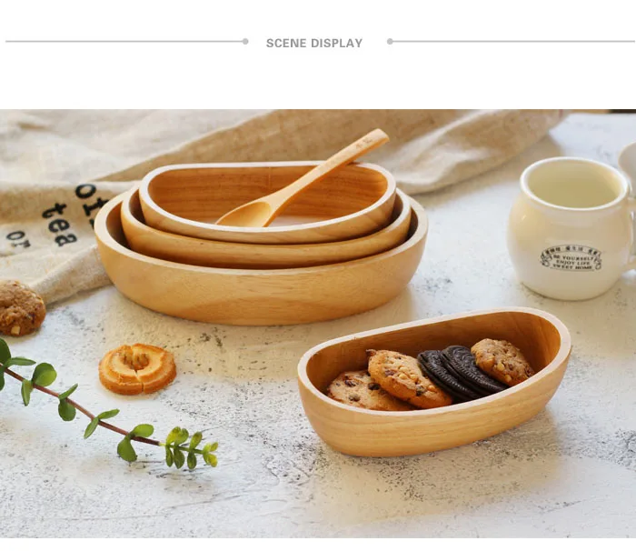 Japanese boat shaped wooden bowl Kitchen Household Natural oak Wood Fruit Salad Dessert plate