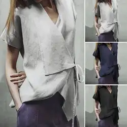 ZANZEA/Женская необычная блузка, летний хлопковый топ с короткими рукавами, туника с отворотом, Повседневная рубашка со шнуровкой, Femininas Blusas