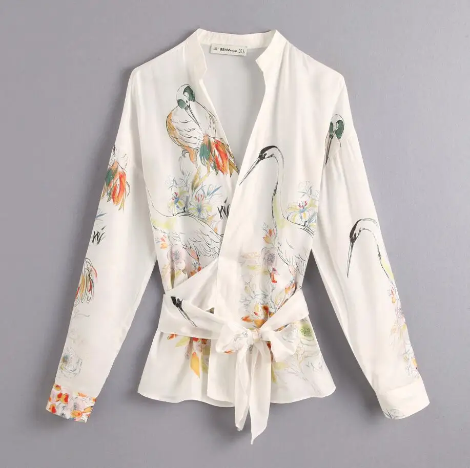 

Crane Printing Women V Neck Cross Wrap Shirt Leisure Lady Long Sleeves Blouse Autumn Female Loose Tops