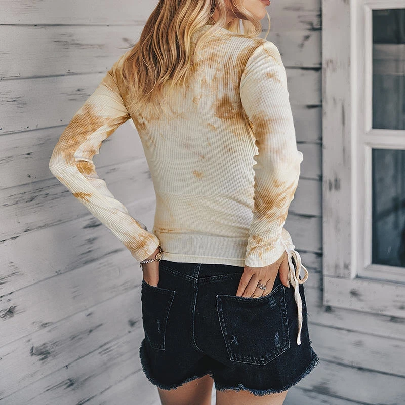 Autumn Women's Tie-dye Tops Round Neck Long-sleeved Slim T-shirt Ladies Fashion Drawstring Layered Pullover