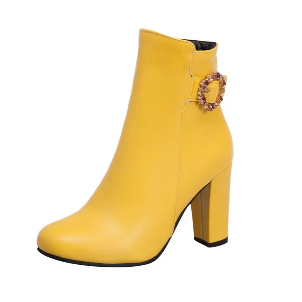 Модная обувь на квадратном каблуке; Цвет черный, белый, желтый; ботинки на очень высоком каблуке; сезон осень-зима; Плюшевые ботинки в стиле ретро; Coturno Feminino Bota Femenina - Цвет: Yellow