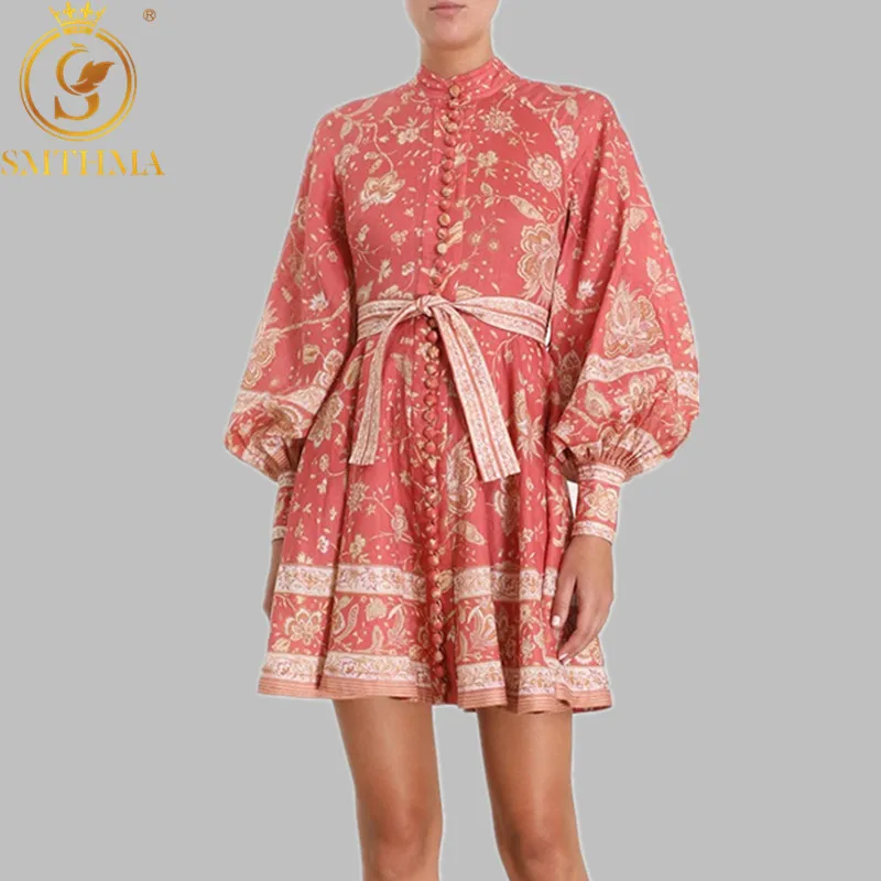 

High Quality New Autumn And Winter Vintage Print Dress Women Stand Collar Lantern Sleeve High Waist Lace Up Runway Dresses