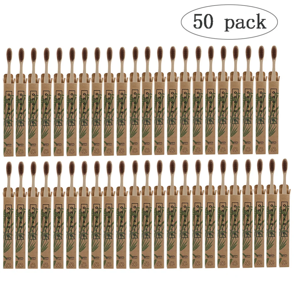 50pcs Natural Bamboo Toothbrush Wood Toothbrushes Soft Bristles Capitellum Fiber Teeth brush Eco-Friendly Oral Tooth Care - Цвет: Coffee