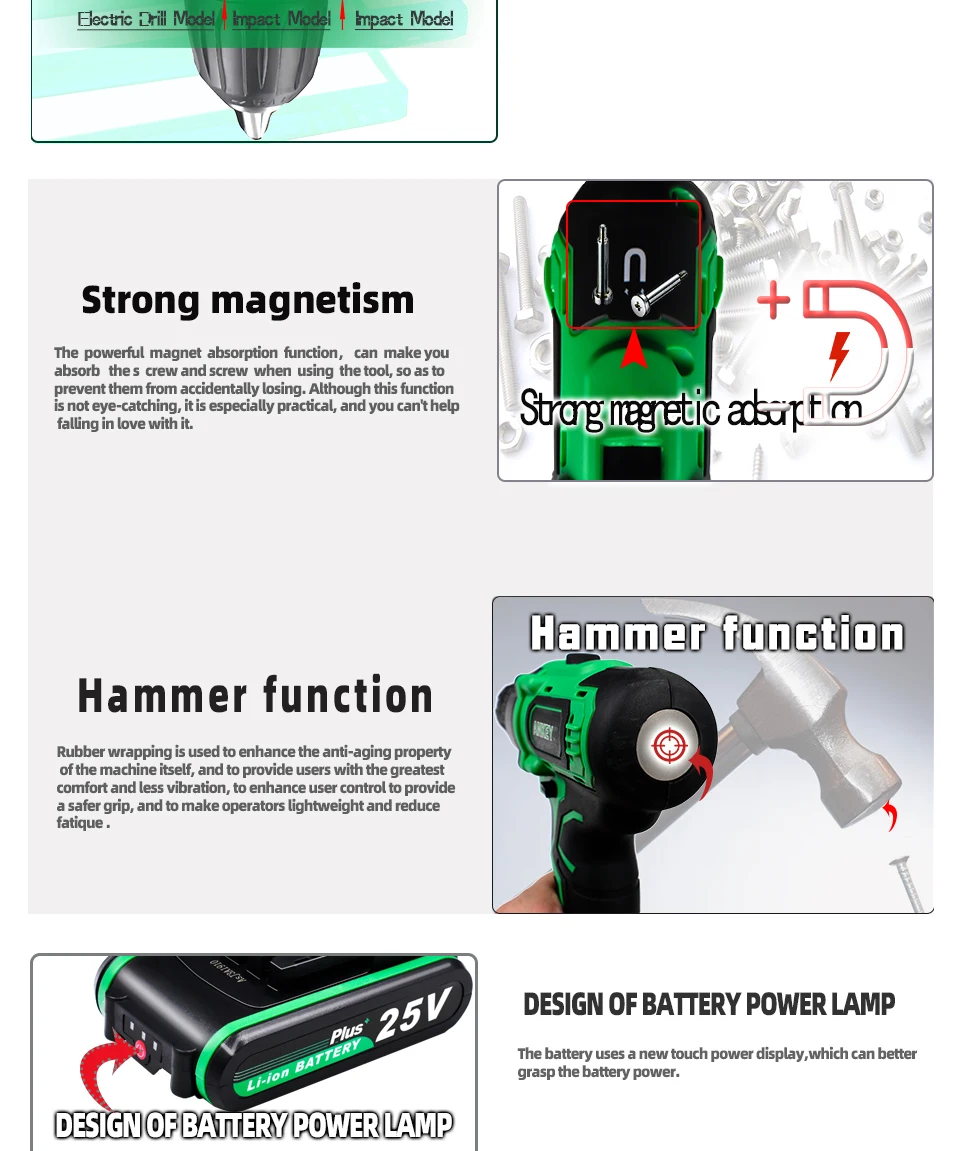 25 в плюс Ударная дрель, электрический молоток, дрель, электроинструмент, шуруповерт, Беспроводная мини-батарея, сверление с функцией магнита