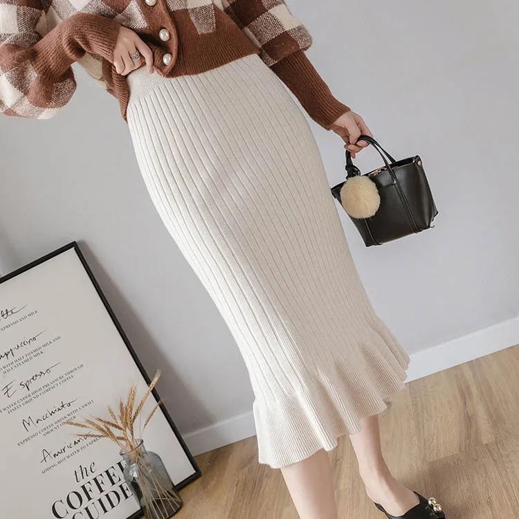 Бежевый Осень зима женский толстый свитер рыбий хвост юбка высокая талия винтажная трикотажная юбка трапециевидная Женская однотонная элегантная длинная юбка - Цвет: Бежевый