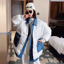 

Winter Korean Women Denim Stitching Cotton Padded Coat Beige-gray White Black Dark Green Lapel Long Sleeve Female Cotton Parkas