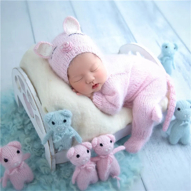 

Angora Newborn Footed Romper Set Knitted Fluffy Newborn Baby Animal Clothes Baby Jammies Alpaca Infant Bonnet Suit Photo Props
