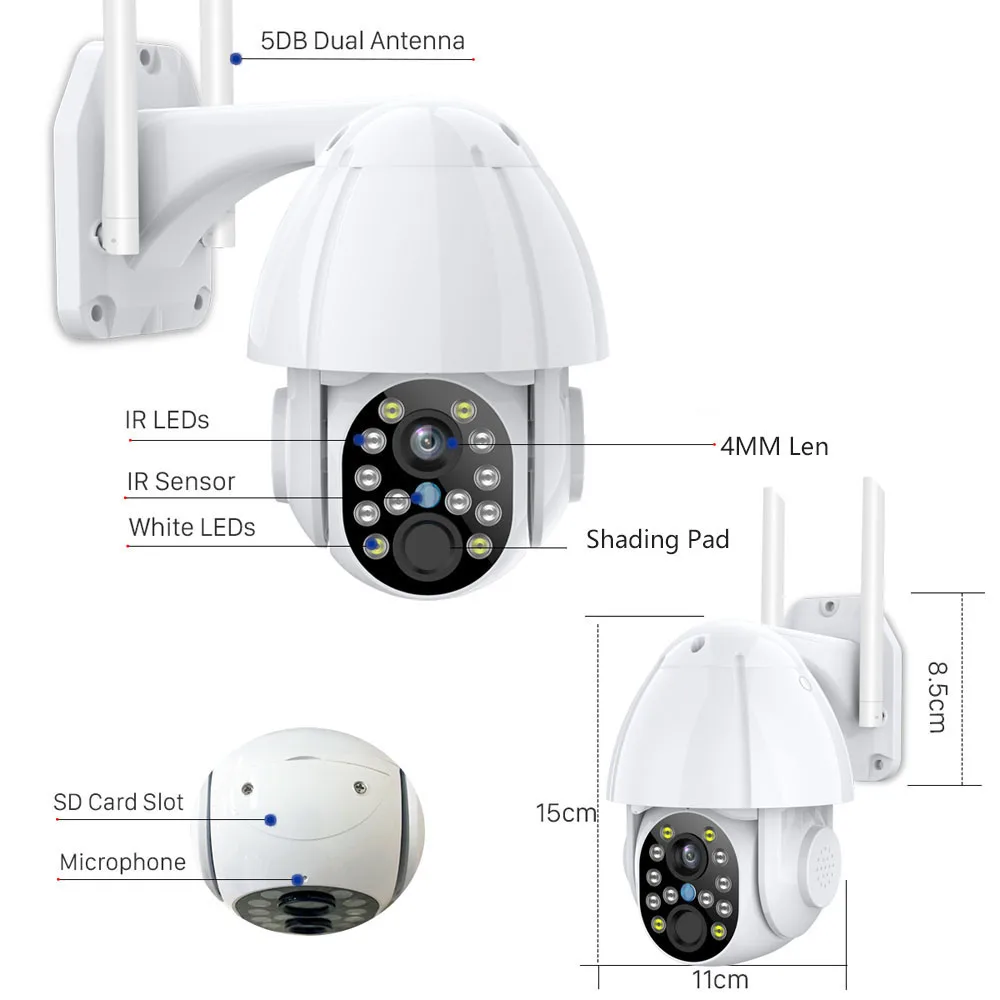 WIFI Security Camera Outdoor Video Surveillance External Protection Recorder PTZ AI Auto Tracking CCTV 4X ZOOM Color Night