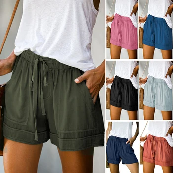 

Women Casual Shorts Summer Pocket Lace Up Elastic High Waist Shorts Solid Loose Straight Shorts Lady Plus Size Drawstring Shorts