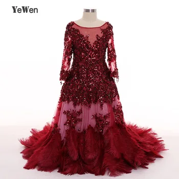 

YeWen Beach Ostrich Feathers China Long Sleeves flower girl dresses for weddings 2020 kids evening gowns mother daughter gowns