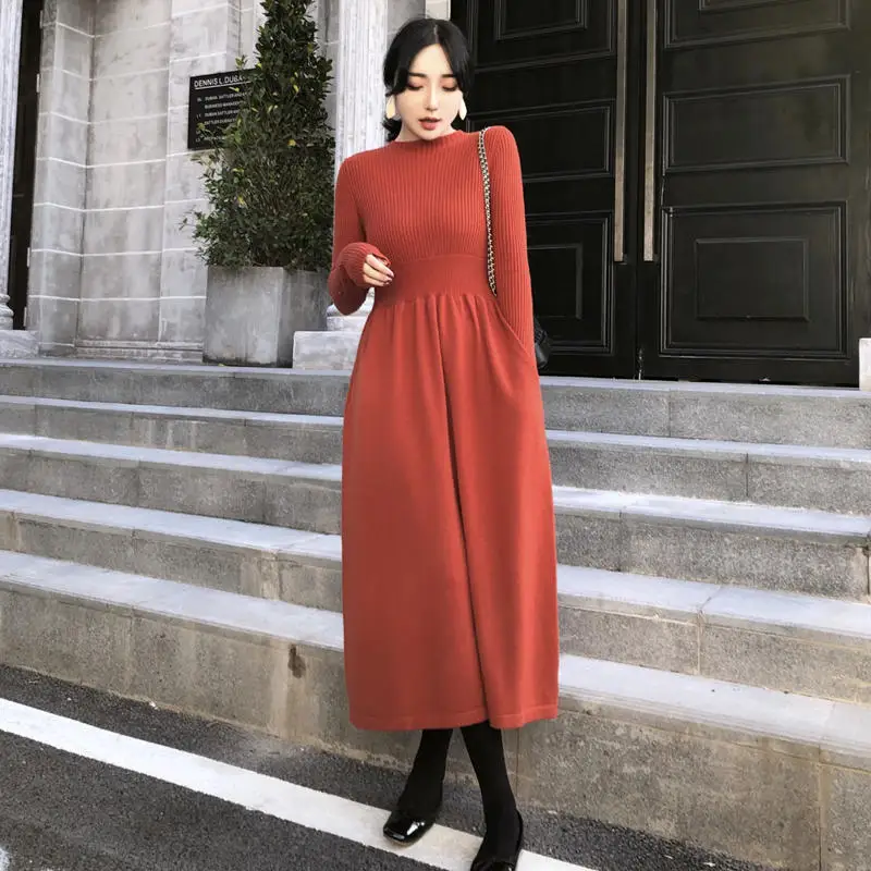 Черное зимнее женское платье Vestidos с длинным рукавом, винтажное платье-свитер, элегантное модное облегающее длинное платье, женское платье Q2138 - Цвет: Orange red Dress
