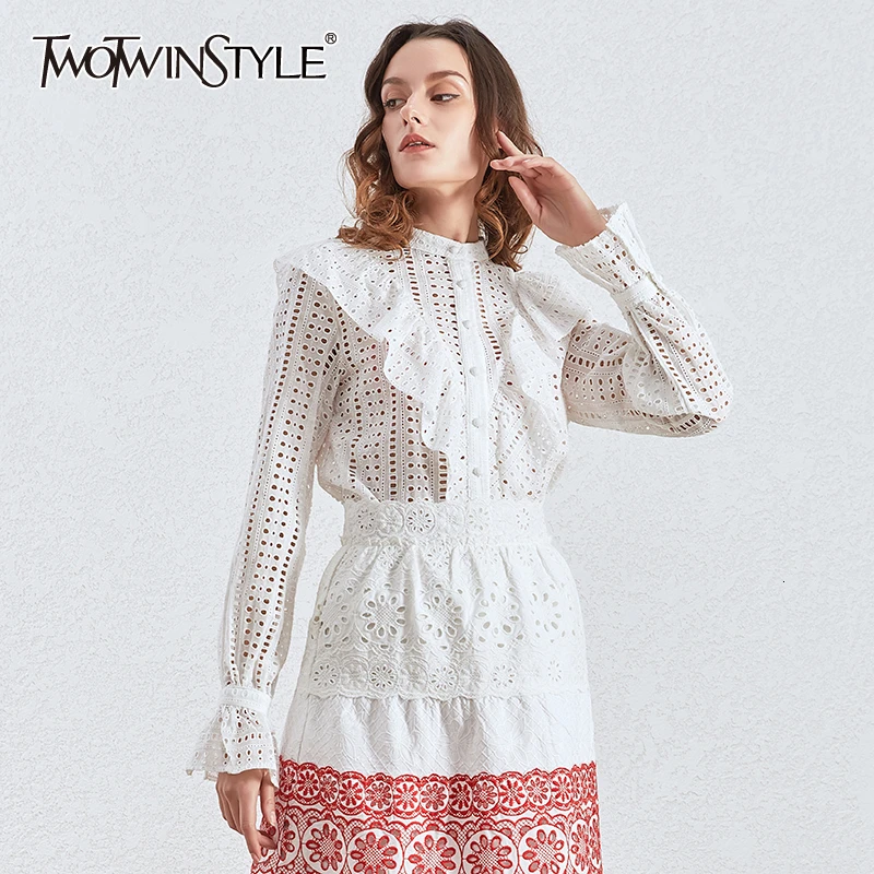 

TWOTWINSTYLE Casual Hollow Out Women's Blouses O Neck Flare Long Sleeve Patchwork Ruffles Shirts For Female Fashion Clothing New
