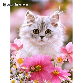

Evershine Diamond Painting Animal Cross Stitch Cat Full Square Diamond Embroidery Flowers Picture Of Rhinestones Home Decoration