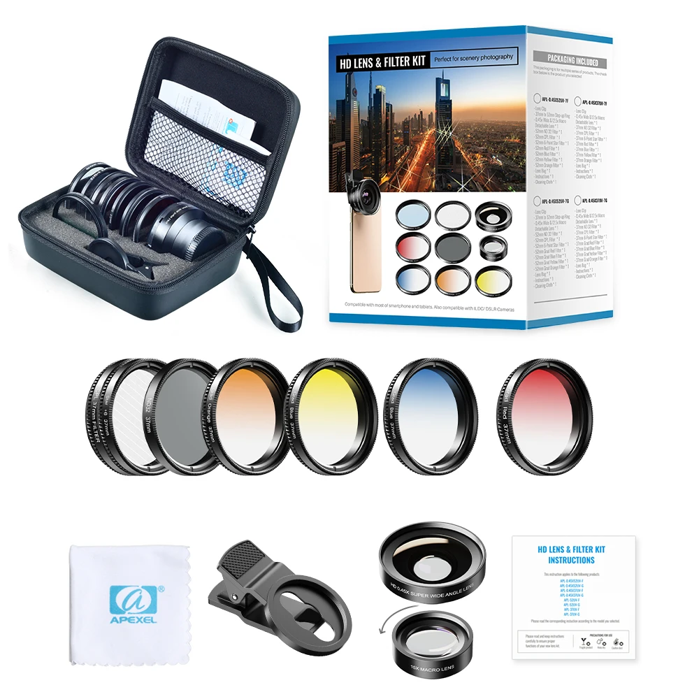 9in1 lens kit APEXEL 9в1 набор градиентных фильтров для телефона 0.45x шириной 37 мм UV Grad синий красный+ CPL ND32 фильтр для iPhone Xiaomi всех смартфонов - Цвет: 9in1 lens kit