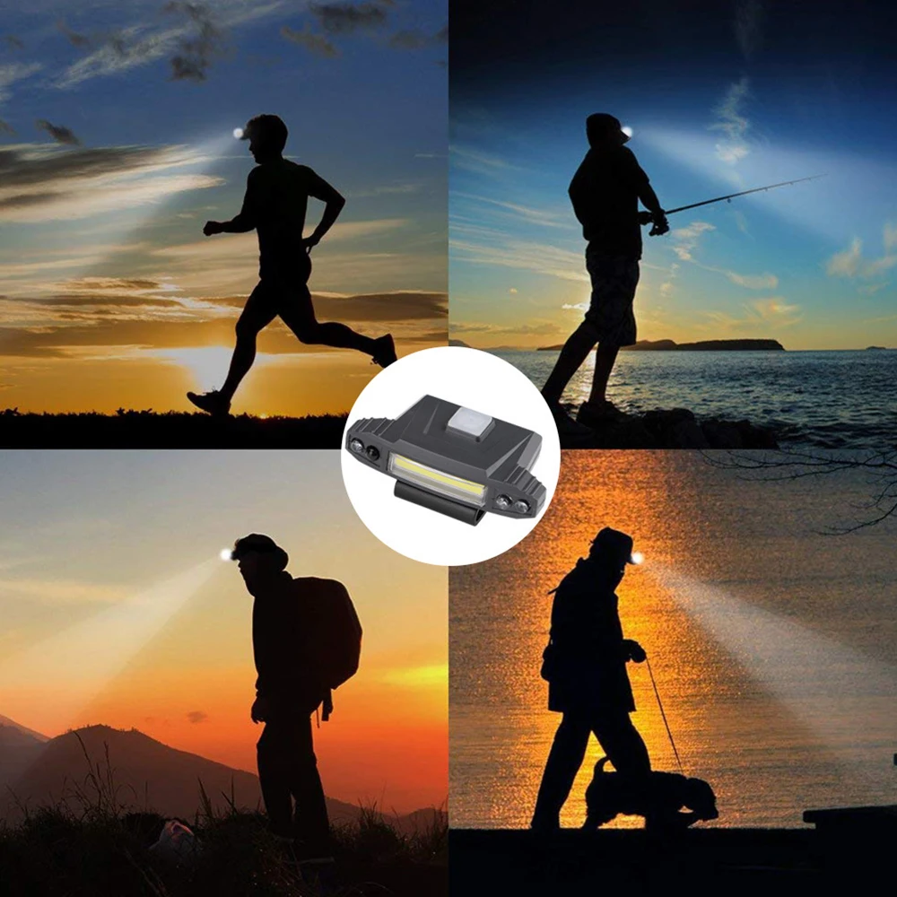 COB налобный фонарь 4 режима USB Перезаряжаемый колпачок клип свет датчик движения Головной фонарь шляпа клип световая крышка встроенный аккумулятор собака ходьба