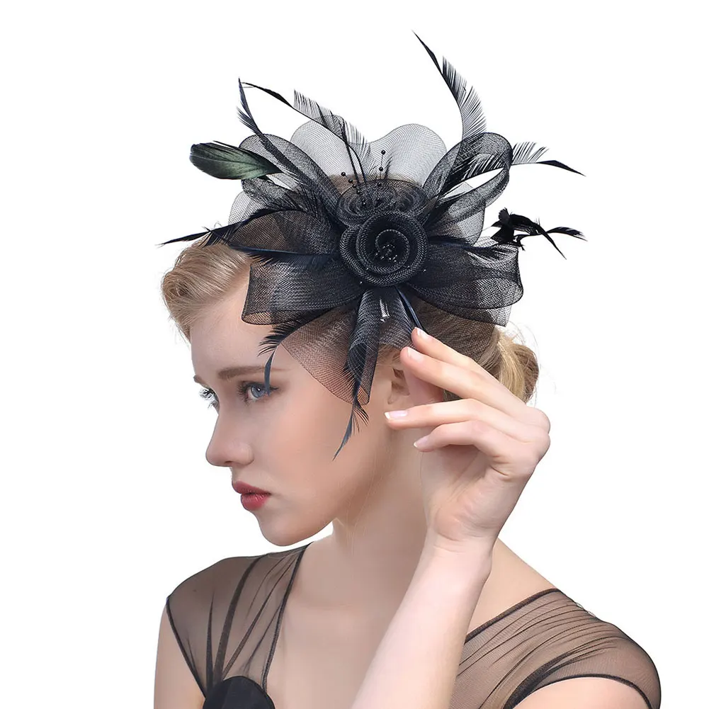 С зажимом, вуалетки, Коктейльные, вечерние, для женщин, повязка на голову, искусственные перья, ручная работа, для свадьбы, одноцветная шляпа, цветок, сетка, ленты