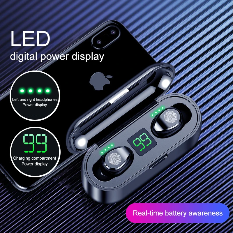 Wireless Earphone Bluetooth 5 0 TWS Headset With Mic 2000mAh Power Bank for iPhone Huawei Samsung F9 Waterproof Wireless Earbuds