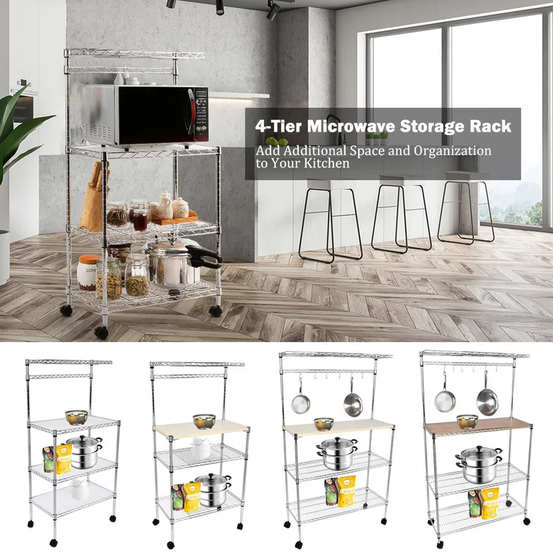 Magic Union 4-Tier Adjustable Kitchen Rack Floor Standing Rolling Rack Microwave Stand Shelf Storage Cart with Cutting Board