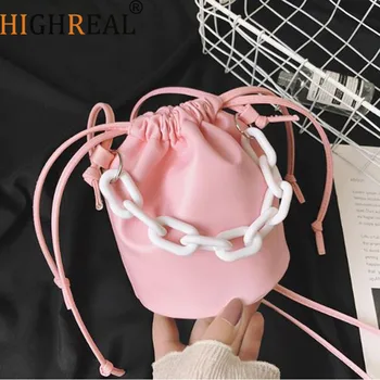 

Solid Color PU Leather Mini Bucket Bags Female Crossbody Bags 2020 Summer Women Travel Chain Shoulder Handbags White