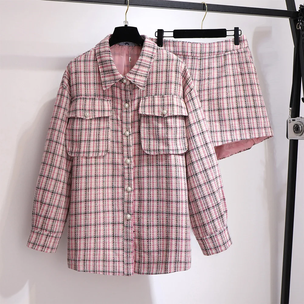 Розовый HAMALIEL 2XL-6XL большой размер женский твид 2 шт Набор осень зима розовый плед шерстяной свободный жакет пальто+ эластичный пояс шорты набор - Цвет: Розовый