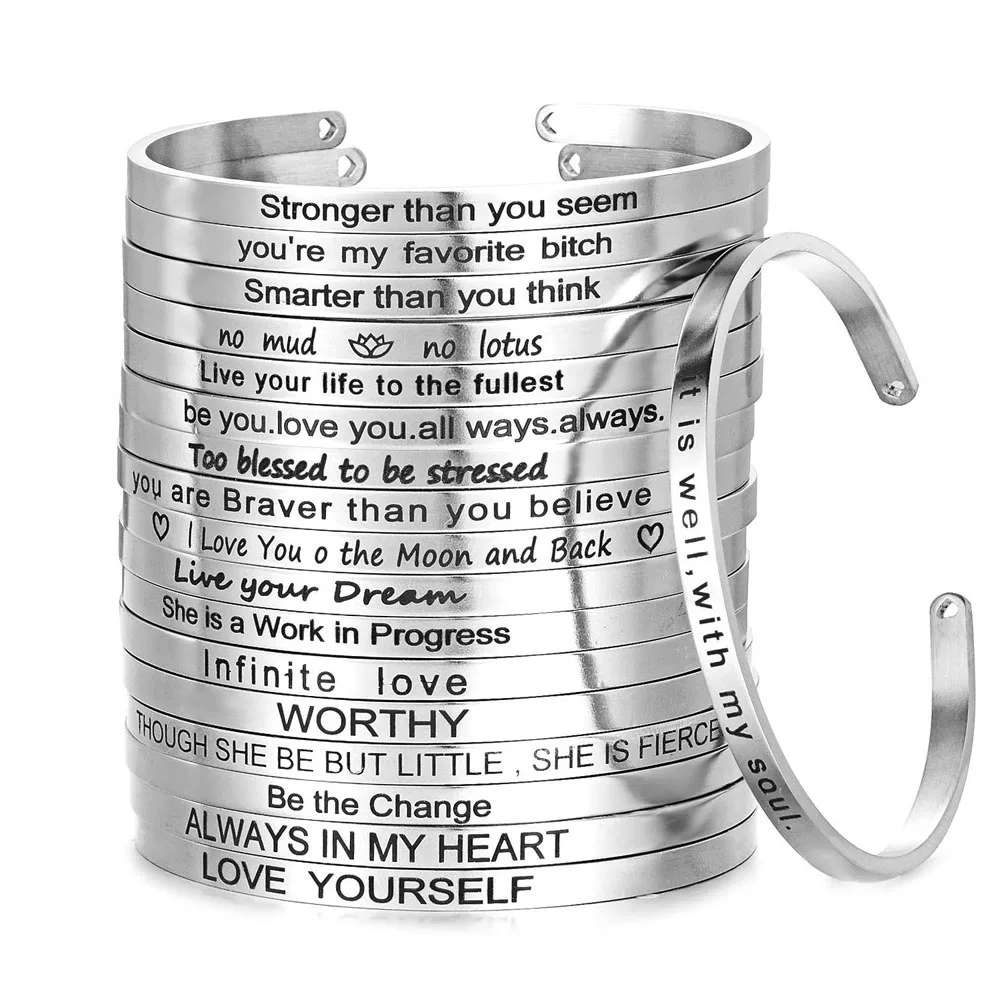 Open-Cuff Bracelets 316l-Stainless-Steel Inspirational Bangle Jewelry Mantra Quotes SL-149