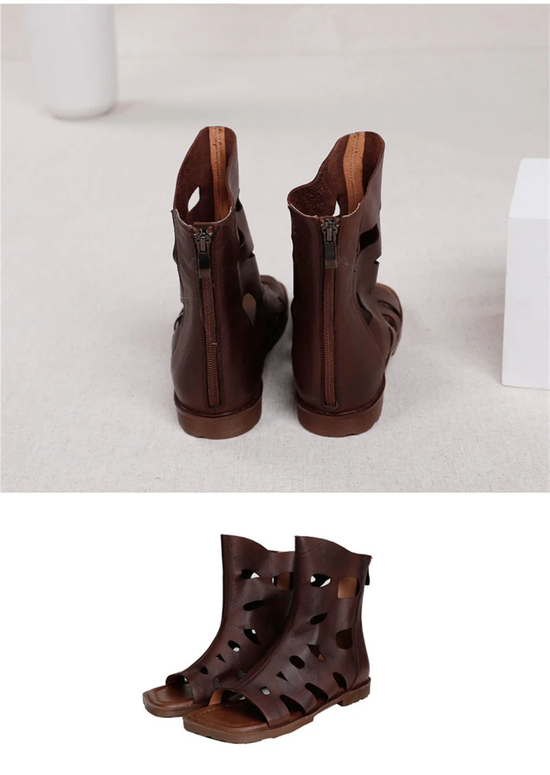 Original 2020 Summer New Women's Sandals Genuine Leather Fashion Retro Flats Bottom Hollow Hole Ladies Gladiator Sandals Shoes (15)