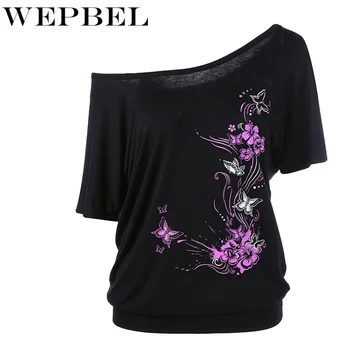 

WEPBEL Women's Fashion Off Shoulder Loose Short Sleeve Blouse Summer Sexy Butterfly Flower Printed Casual Bat T-Shirt Tops
