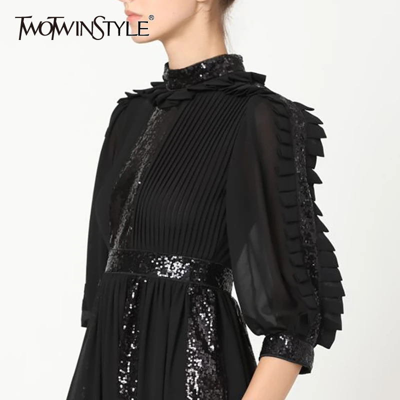 

TWOTWINSTYLE Ruffle Patchwork Sequin Dress For Women O Neck Three Quarter Sleeves High Waist Dresses Female 2019 Autumn Fashion