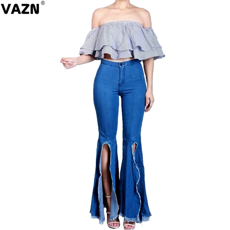 deep blue VAZN, Хит, сексуальные женские брюки размера плюс, для девушек, для взрослых, высокое качество, необычные, модные, одноцветные, с высокой талией, женские, длинные, расклешенные, джинсовые штаны - Цвет: deep blue