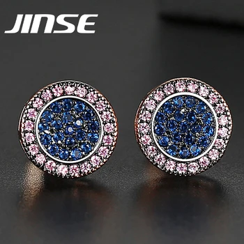 

JINSE Punk Blue Cubic Zirconia Men's Stud Earrings Round Geometric Multicolor Charm CZ Stone Iced Earrings Hip Hop Jewelry Gift