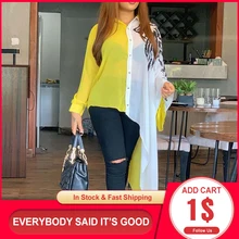 Color Block Yellow Asymmetrical Long Sleeve Blouse Shirt Women Ladies Casual 2021 Autumn Fall Button Irregular Tops Oversize