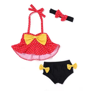 

3Pcs Set Summer Newborn Baby Girl Bikini Swimsuit Dot Printed Off-shoulder Straps Swimwear Bathing Suit Costume with Headband