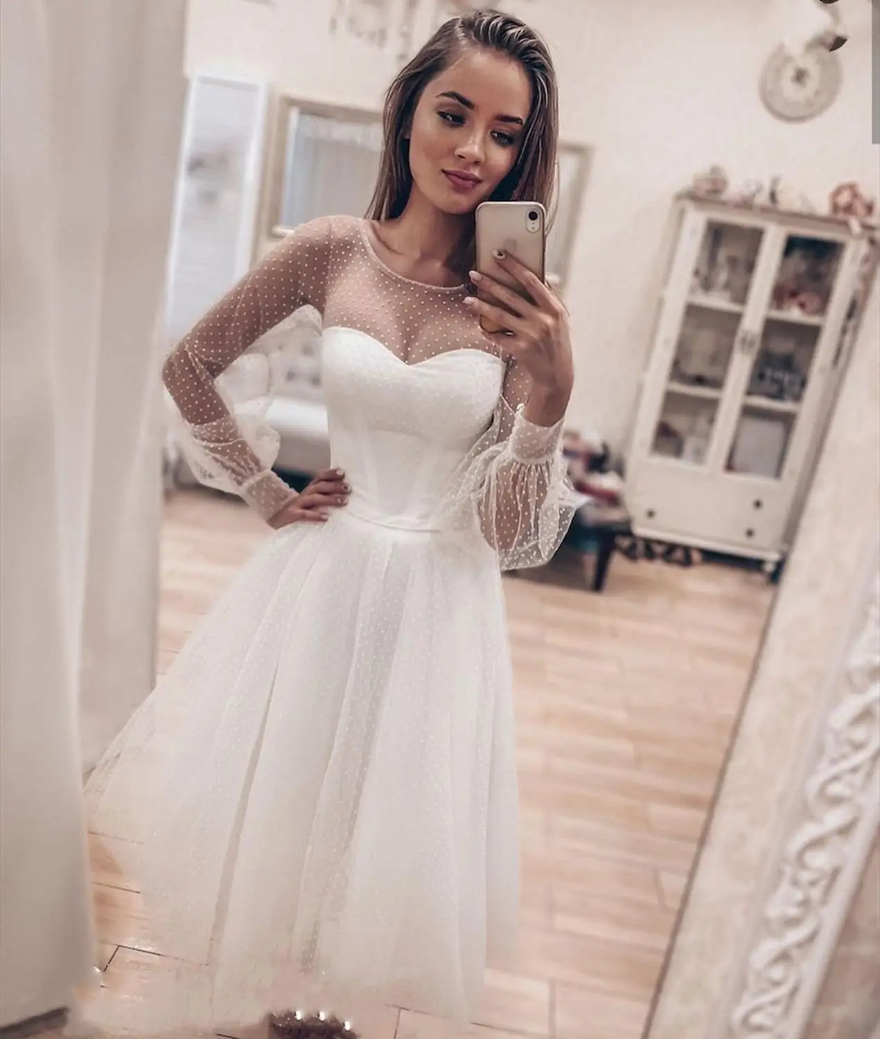 Tanio Krótka suknia ślubna 2022 z długim rękawem