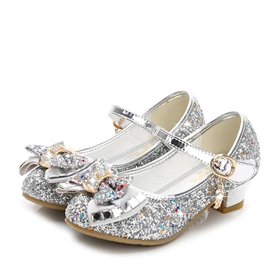Princess Kids Leather Shoes for Girls Flower Casual Glitter Children High Heel Girls Shoes Butterfly Knot Blue Pink Silver A silver