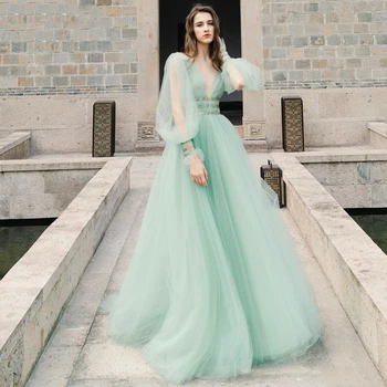

Green Tulle Aline Prom Dress 2020 Fashion Backless Party Dress V-neck Evening Party Gowns Ruff Sleeve Vestido De Gala